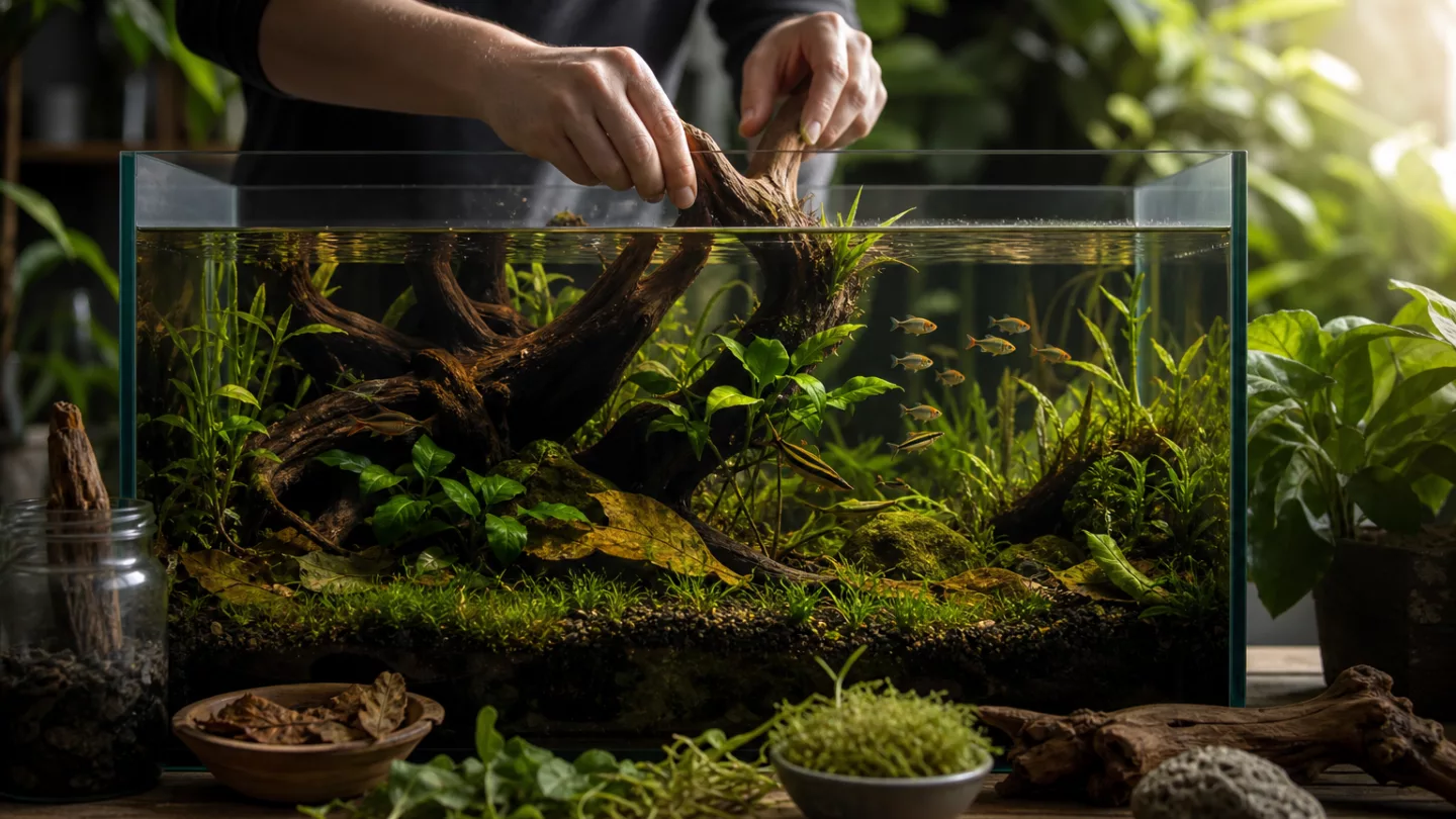 Aquarianer misst mit Tropfentest den pH-Wert vor einem bepflanzten Süßwasseraquarium