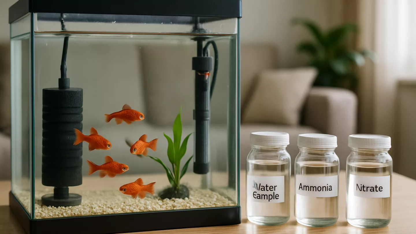 Quarantäne-Aquarium mit Schwammfilter und Heizer auf einem stabilen Regal, vorbereitete Probengefäße und saubere Arbeitsfläche