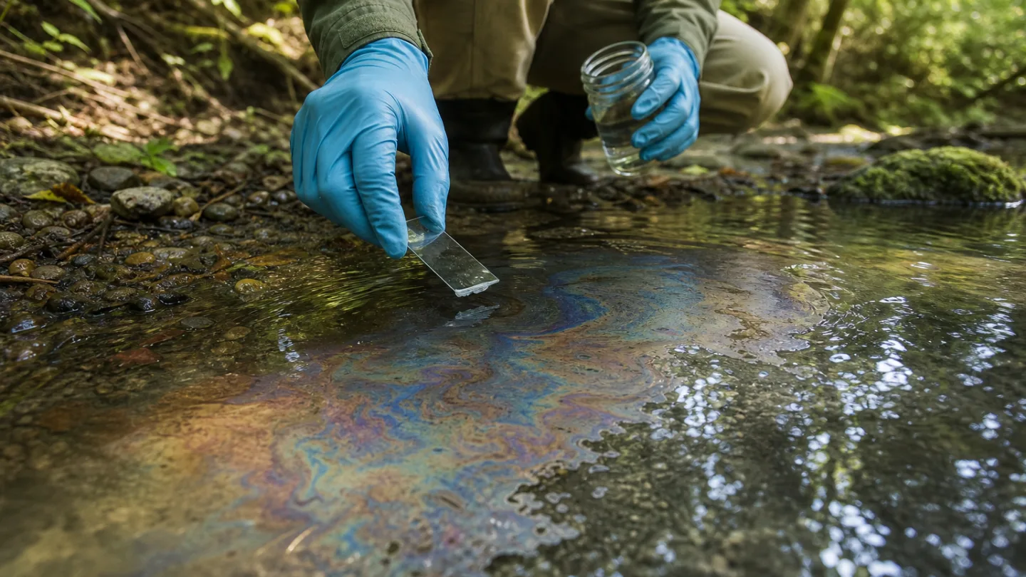 Schillernder Film auf der Wasseroberfläche an einem ruhigen Uferbereich eines kleinen Gewässers