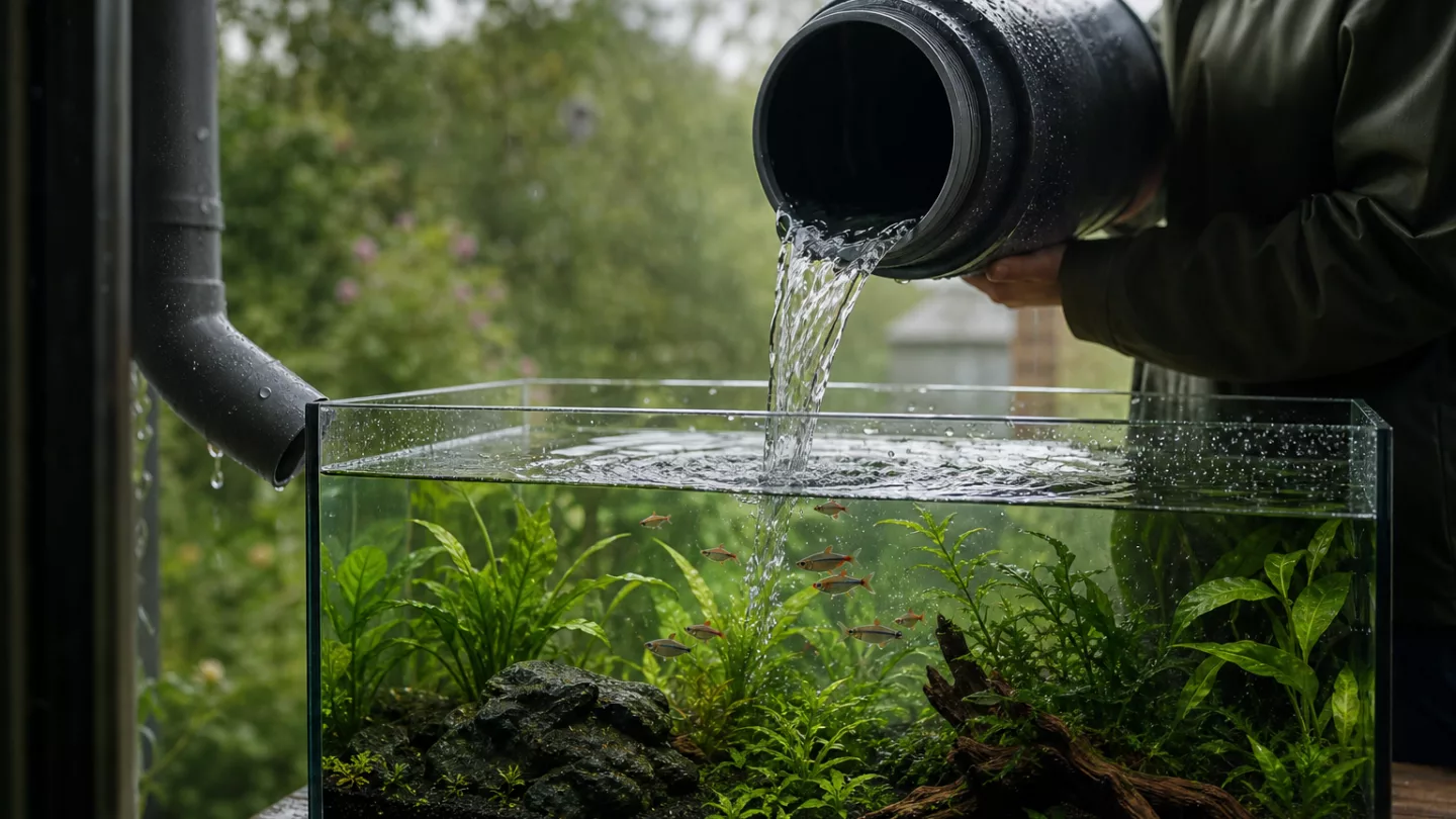 Regenfass mit Ablauf und Aquarium-Wassertests im Garten bei leichtem Regen