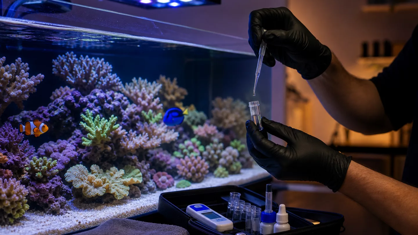Aquarianer misst vor einem Riffaquarium die Salinität mit einem Handrefraktometer