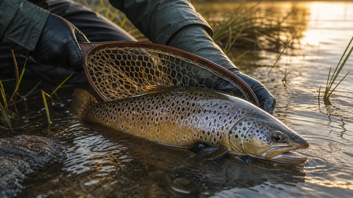 Ein Angler hält eine Forelle am Bachufer in einem nassen gummierten Kescher knapp über dem Wasser.