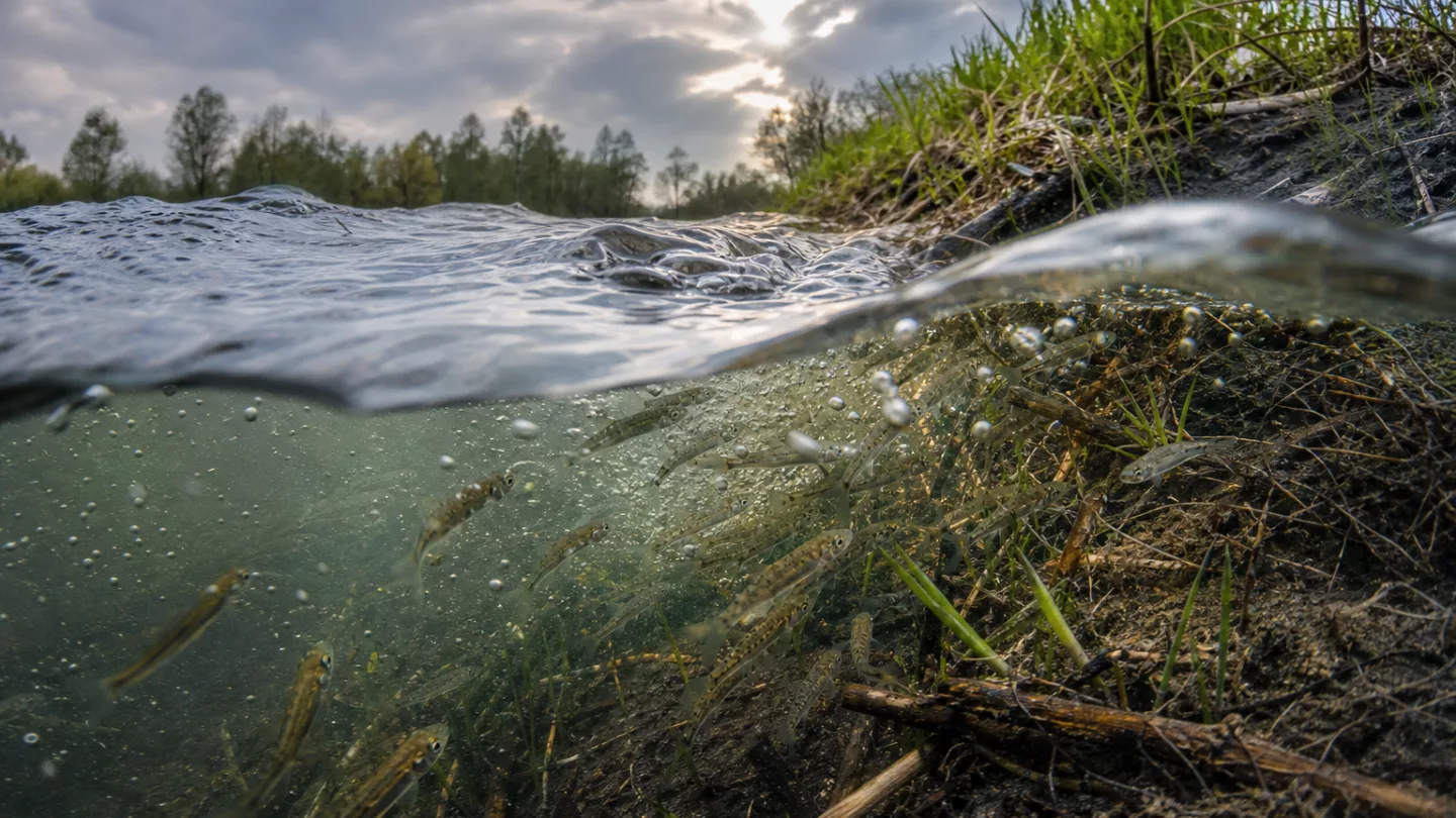 Kiesiges Flussufer mit sichtbarer frischer Wasserstandslinie und kleinen Restpfützen am Rand
