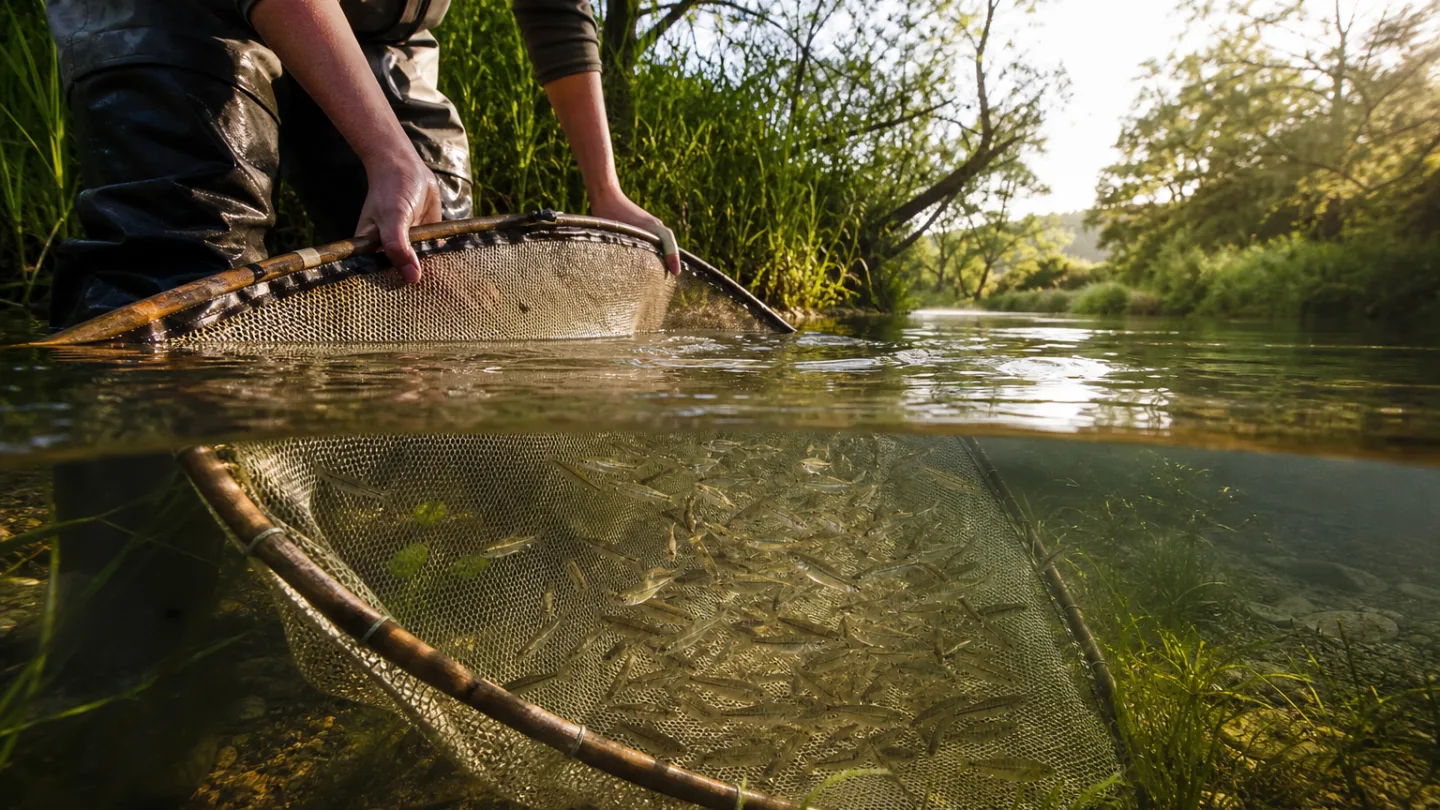 Ein ruhiger Seitenarm neben einem Fluss mit flachem Wasser, Uferpflanzen und naturnaher Struktur.