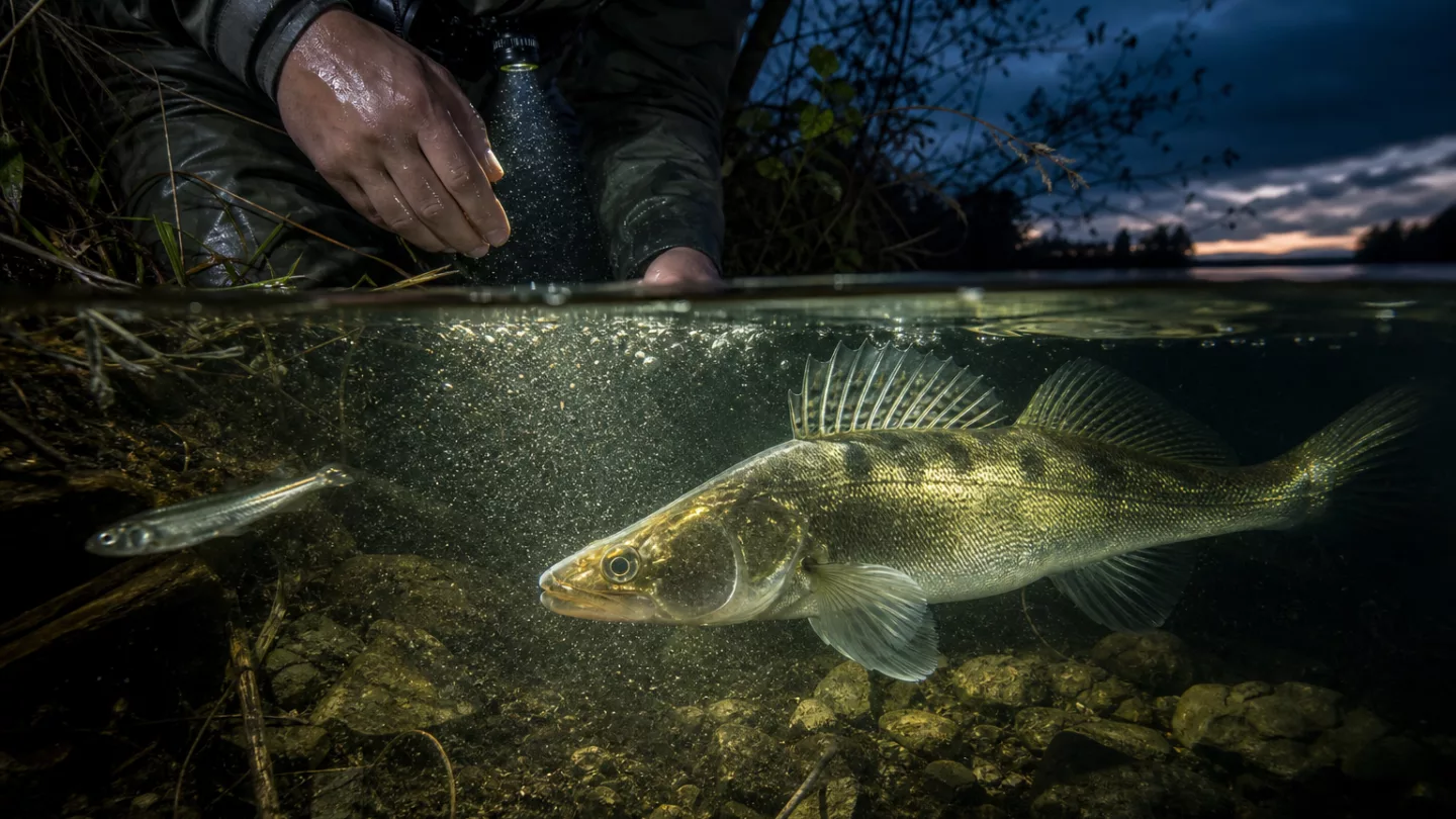 Ein Flussbarsch im Seitenprofil in leicht trübem Wasser, die Seitenlinie am Körper ist gut erkennbar