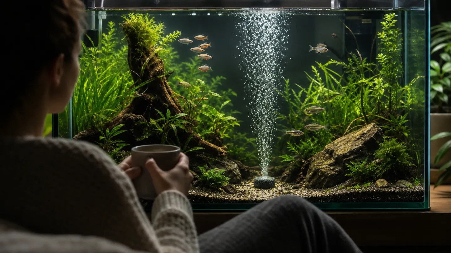 Süßwasseraquarium mit Pflanzen, Fischen und einem dezent blubbernden Ausströmerstein an der Rückwand.