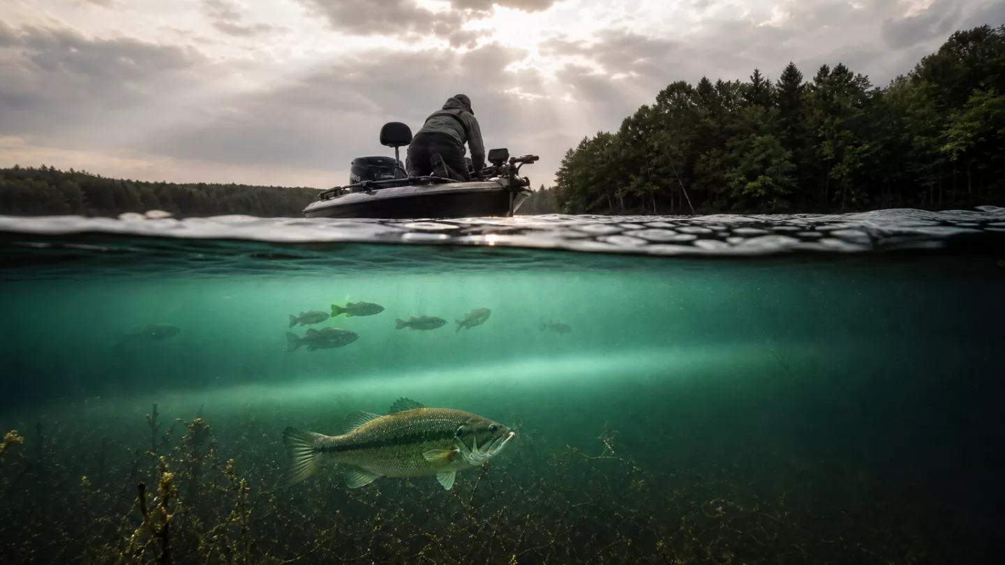 Sommerlicher See mit ruhiger Oberfläche, Uferzone und kleinem Boot auf tiefem Wasser