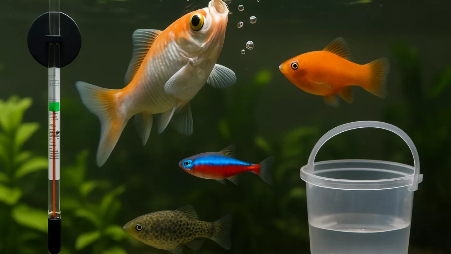 Nahaufnahme aquaristischer Situation: Fisch an der Wasseroberfläche und Messgerät für Wasserwerte