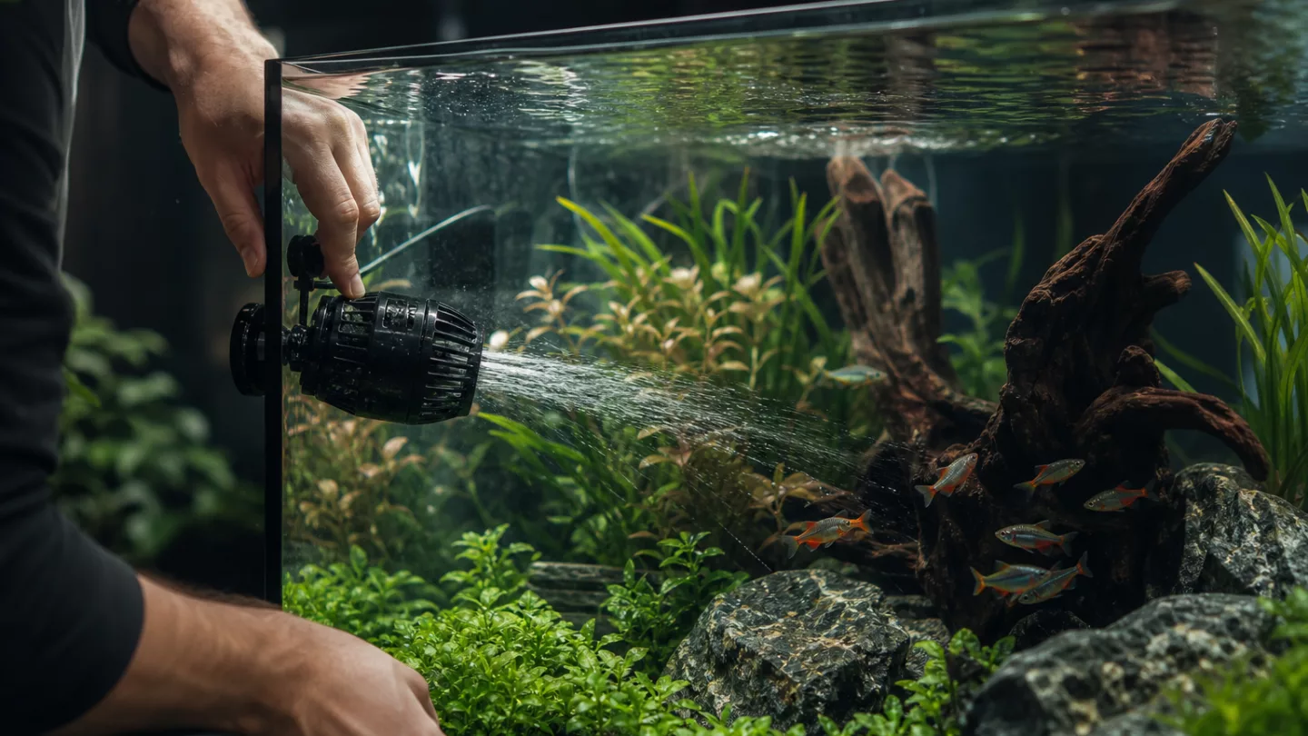 Bepflanztes Aquarium mit gerichtetem Filterauslauf, leichter Oberflächenkräuselung und einem Schwarm kleiner Salmler im Mittelwasser