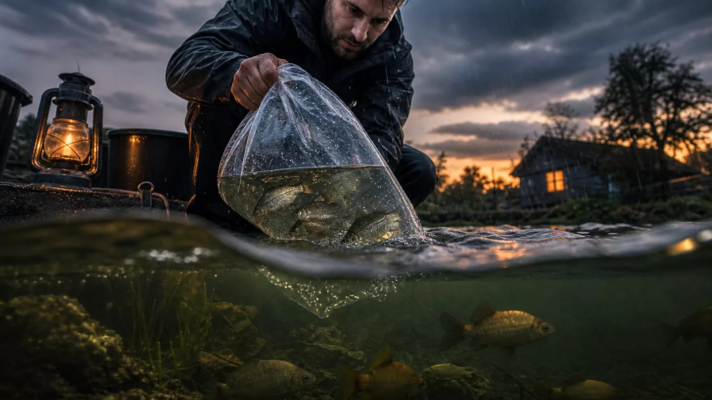 Aquarium bei Stromausfall, Hand belüftet die Wasseroberfläche mit einem Becher, Handtücher isolieren das Becken