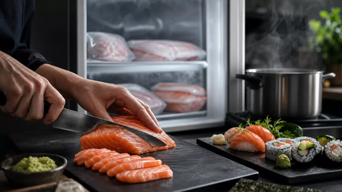 Koch prüft ein rohes Fischfilet gegen eine Lampe und kontrolliert es mit einer Pinzette auf Parasiten