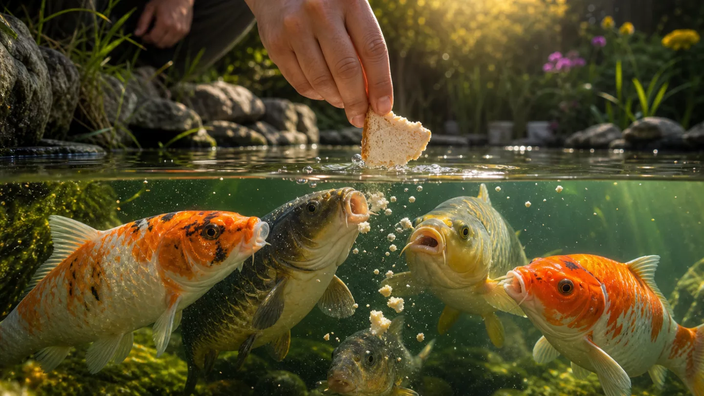 Koi und Goldfische sammeln sich an der Oberfläche eines klaren Gartenteichs nahe einem Holzsteg