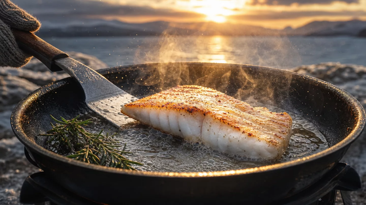 Tiefgefrorenes Fischfilet wird in heißer Edelstahlpfanne angebraten