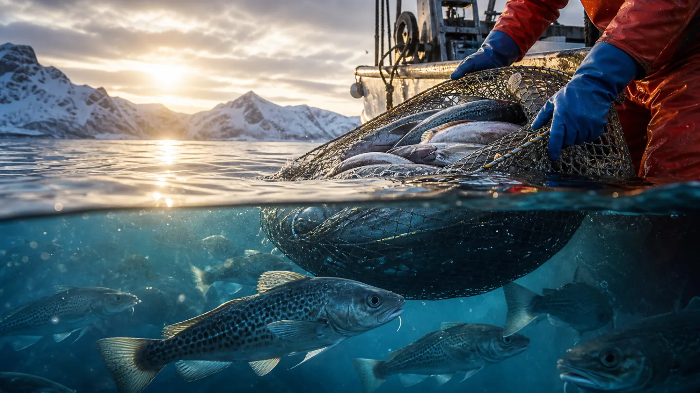 Fischtheke mit ganzen Fischen auf Eis neben einer Tiefkühltruhe mit verpackten Fischfilets im Supermarkt