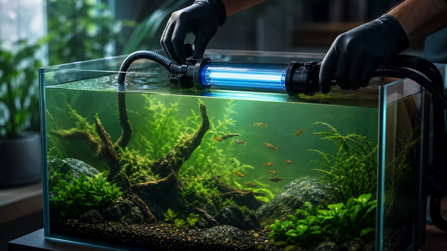 Aquarium mit externem Filter und inline UV‑C‑Klärer, klares Wasser und saubere Installation