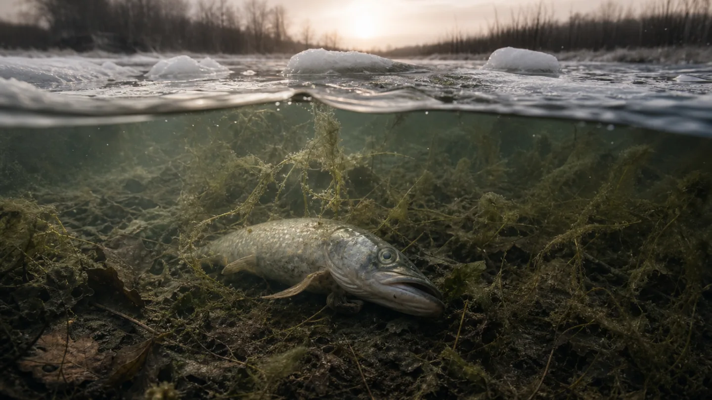 Spätwinterlicher See ohne Eis, an dessen Ufer eine Person die Wasserwerte misst.