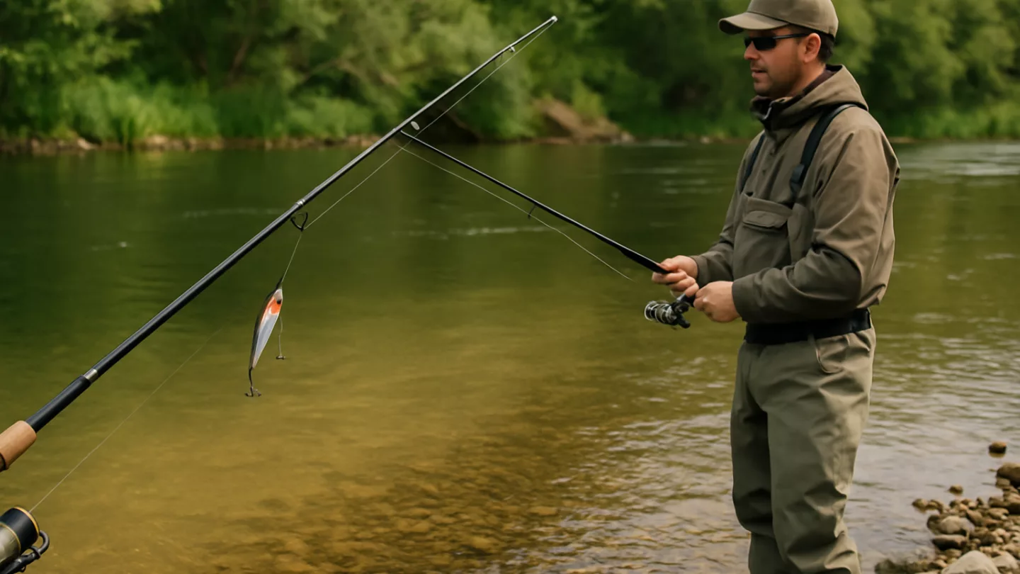 Angler am Ufer mit deutlich sichtbarer klarer und trüber Wasserfläche, Köder in der Hand