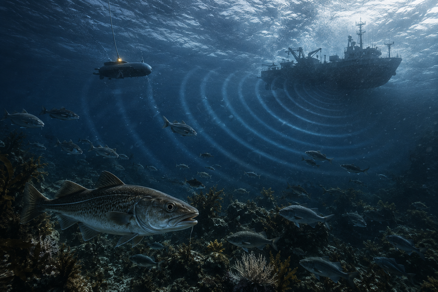 Darstellung natürlicher Fischlaute und menschlicher Schallquellen wie Schiffe, Rammarbeiten und Windparks unter der Meeresoberfläche