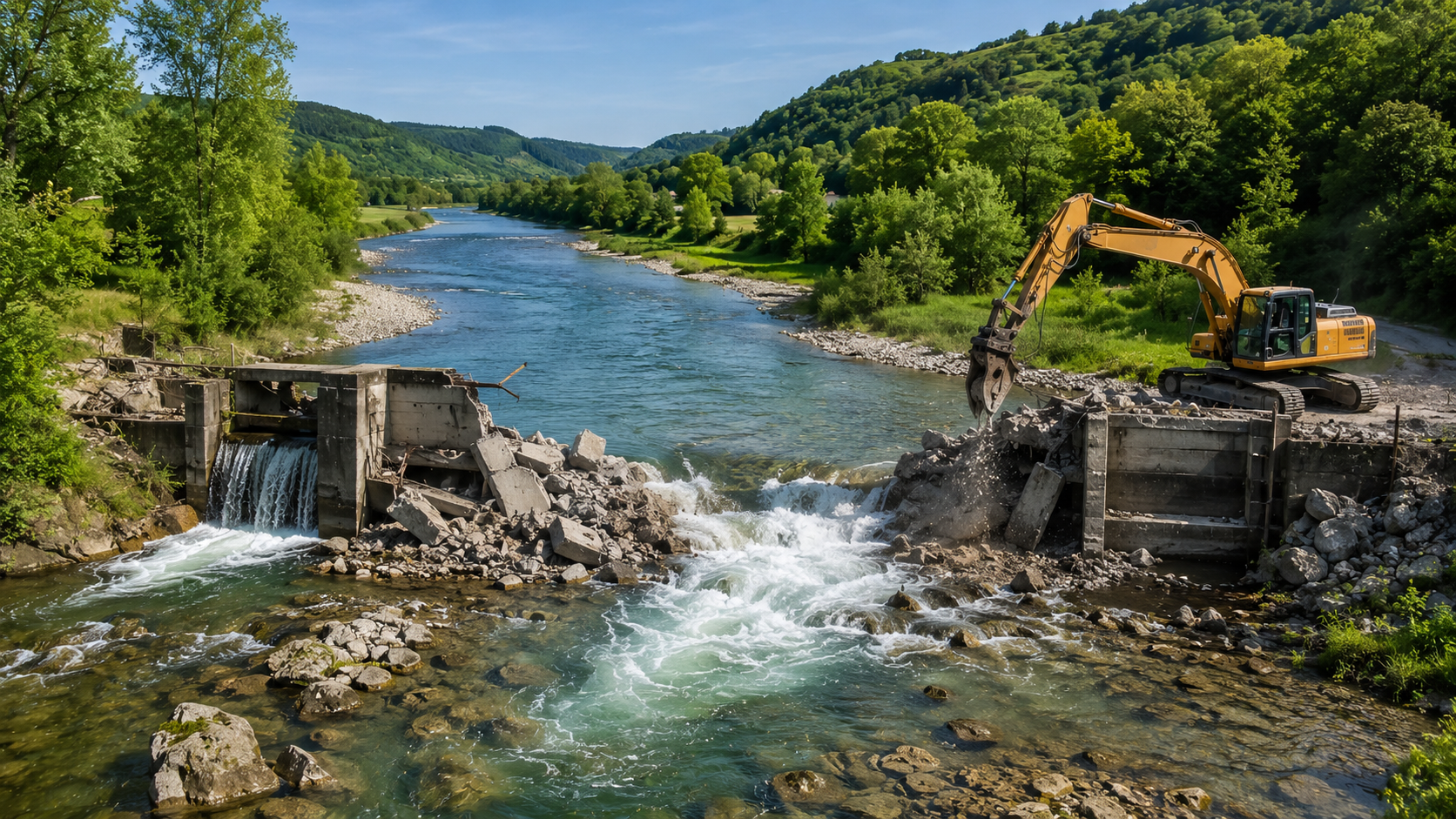 Ein Bagger öffnet ein altes Wehr in einem europäischen Fluss, damit Wasser und Wanderfische wieder ungehindert passieren können