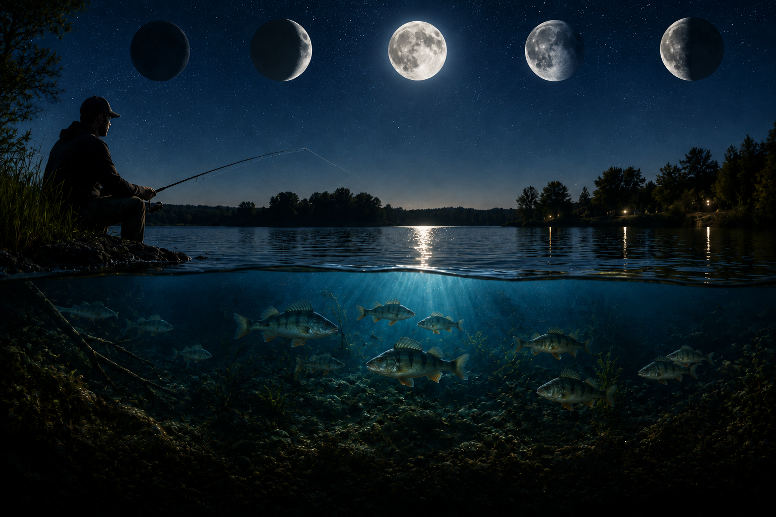 Angler am nächtlichen Gewässer während einer hellen Mondphase