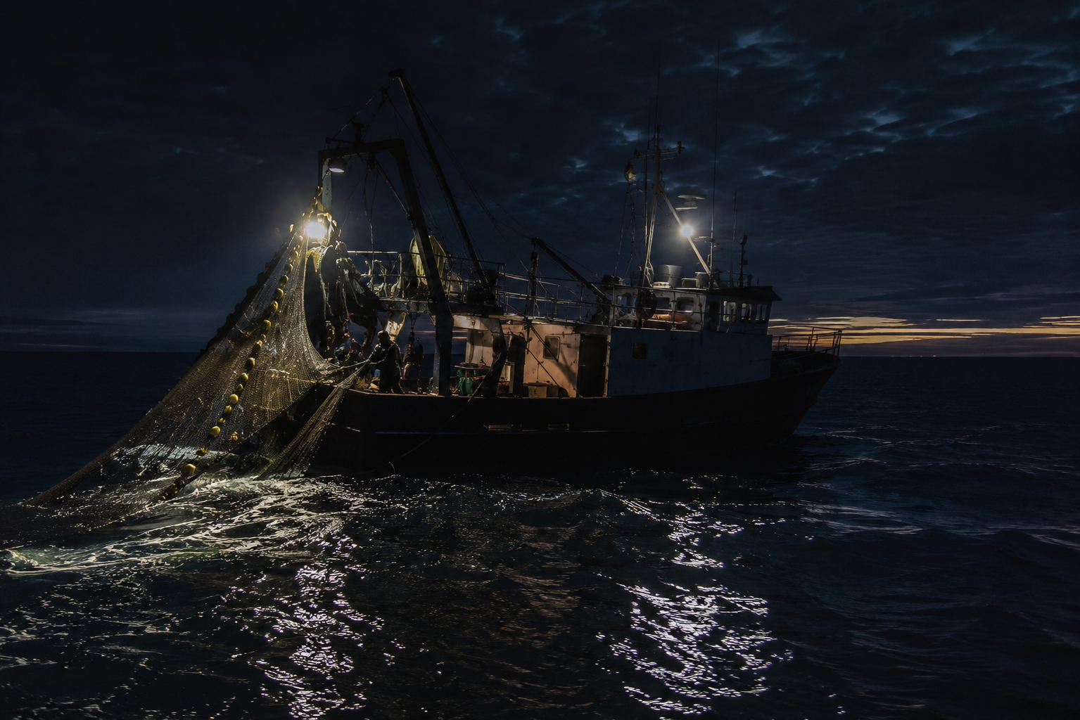 Fischereifahrzeug auf dunkler See