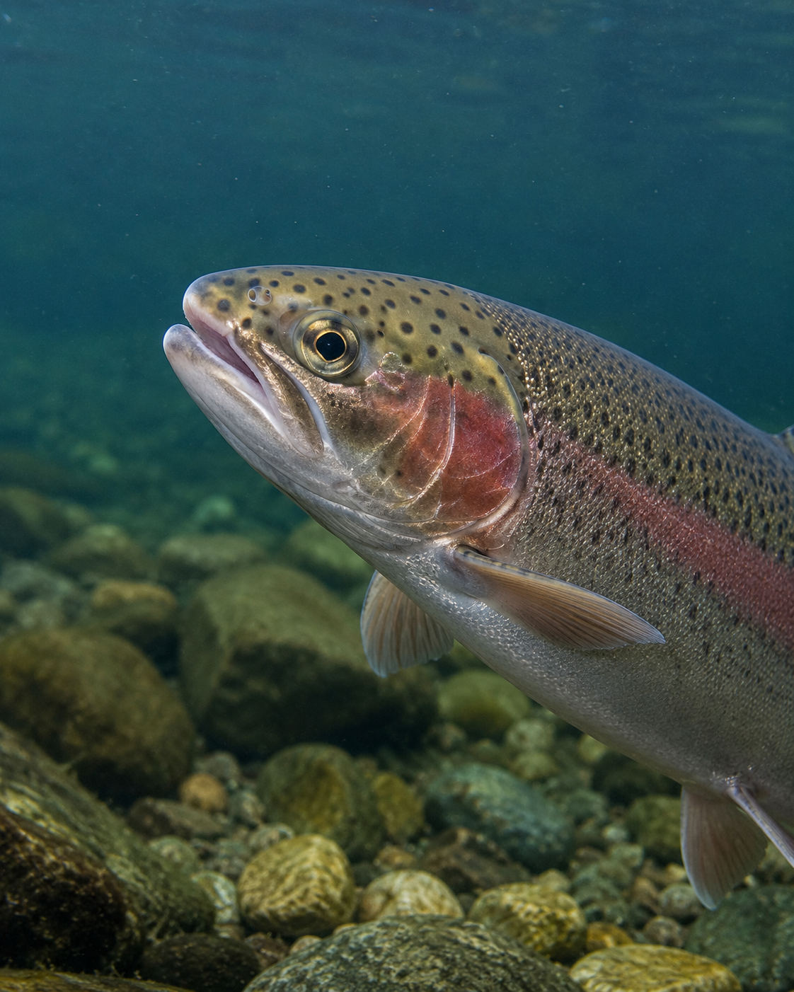 Hochformatiges Porträt eines Fisches mit Fokus auf Kopf, Maul und Kiemendeckel