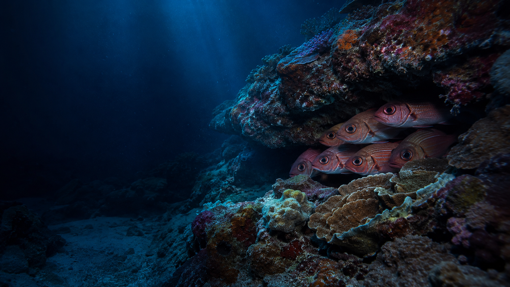 Korallenriff bei gedämpftem Licht als Sinnbild für schlafende Fische