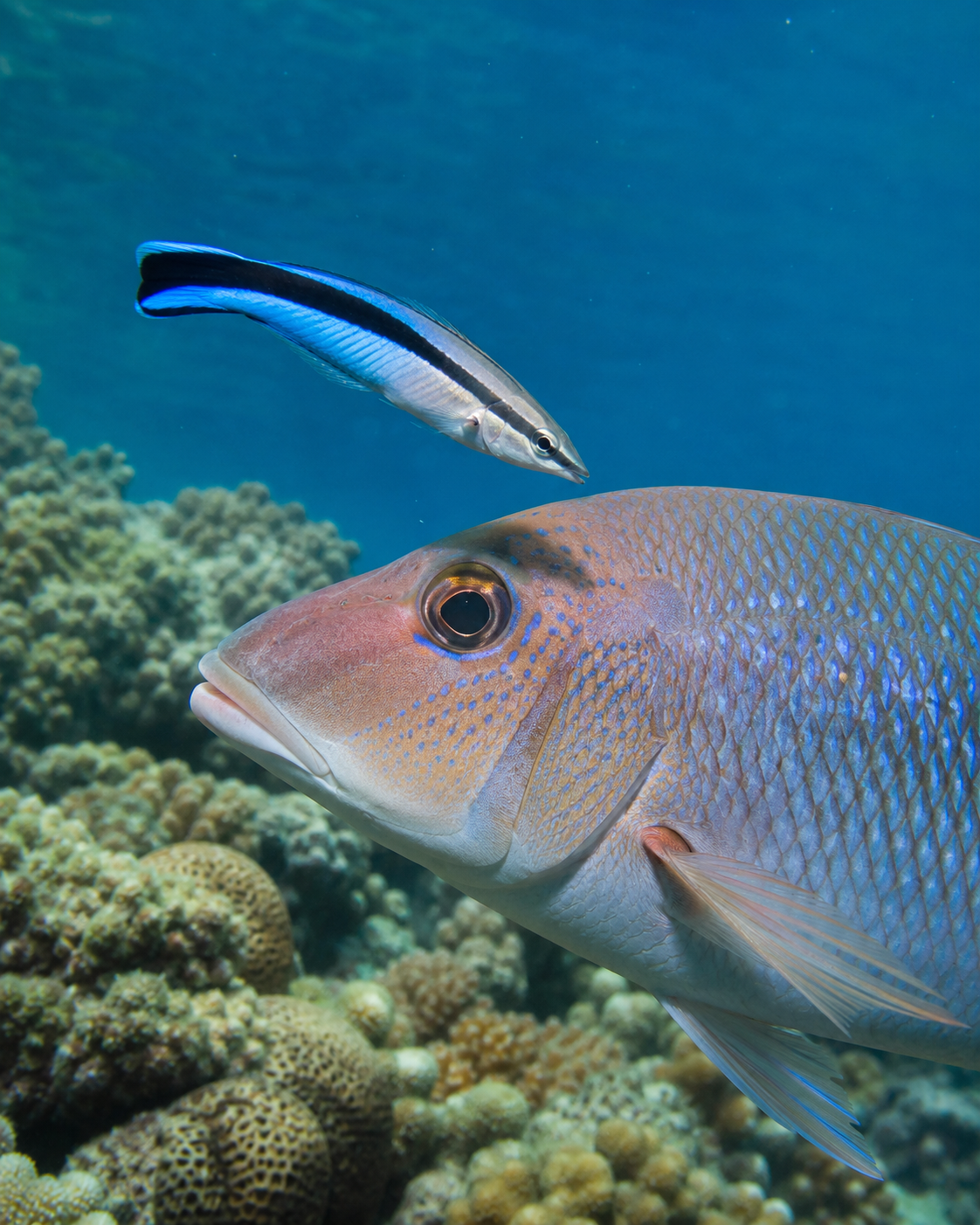 Hochformatiger Putzerlippfisch vor einer spiegelnden Fläche