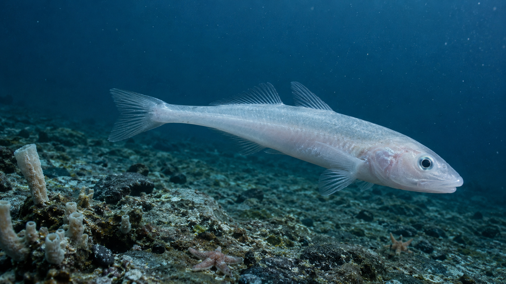 Blasser antarktischer Eisfisch über felsigem Meeresboden