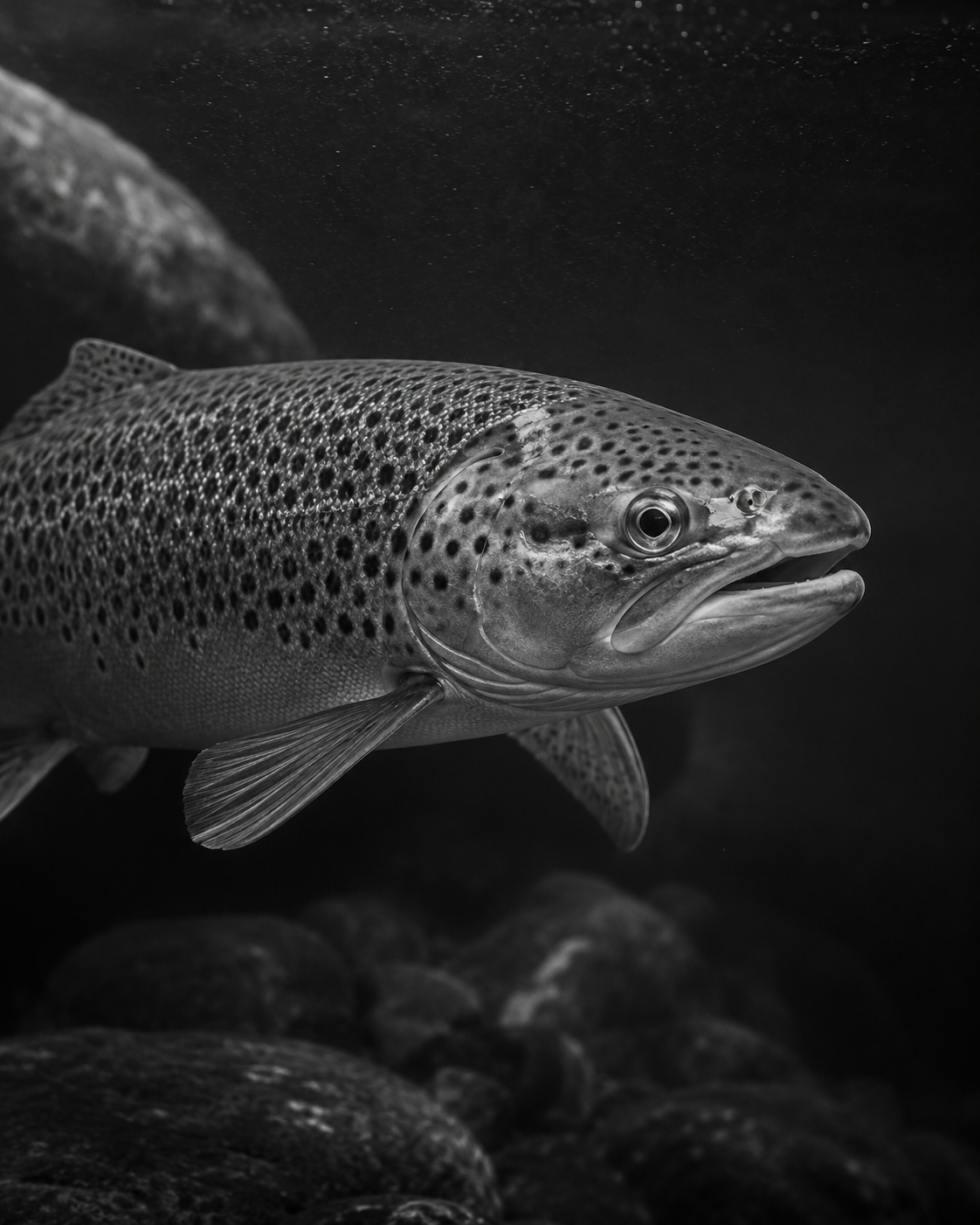 Hochformatiges Schwarzweiß-Porträt eines Fisches unter Wasser