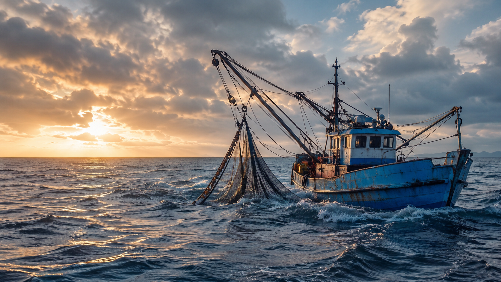 Fischerboot mit Netz auf dem offenen Meer