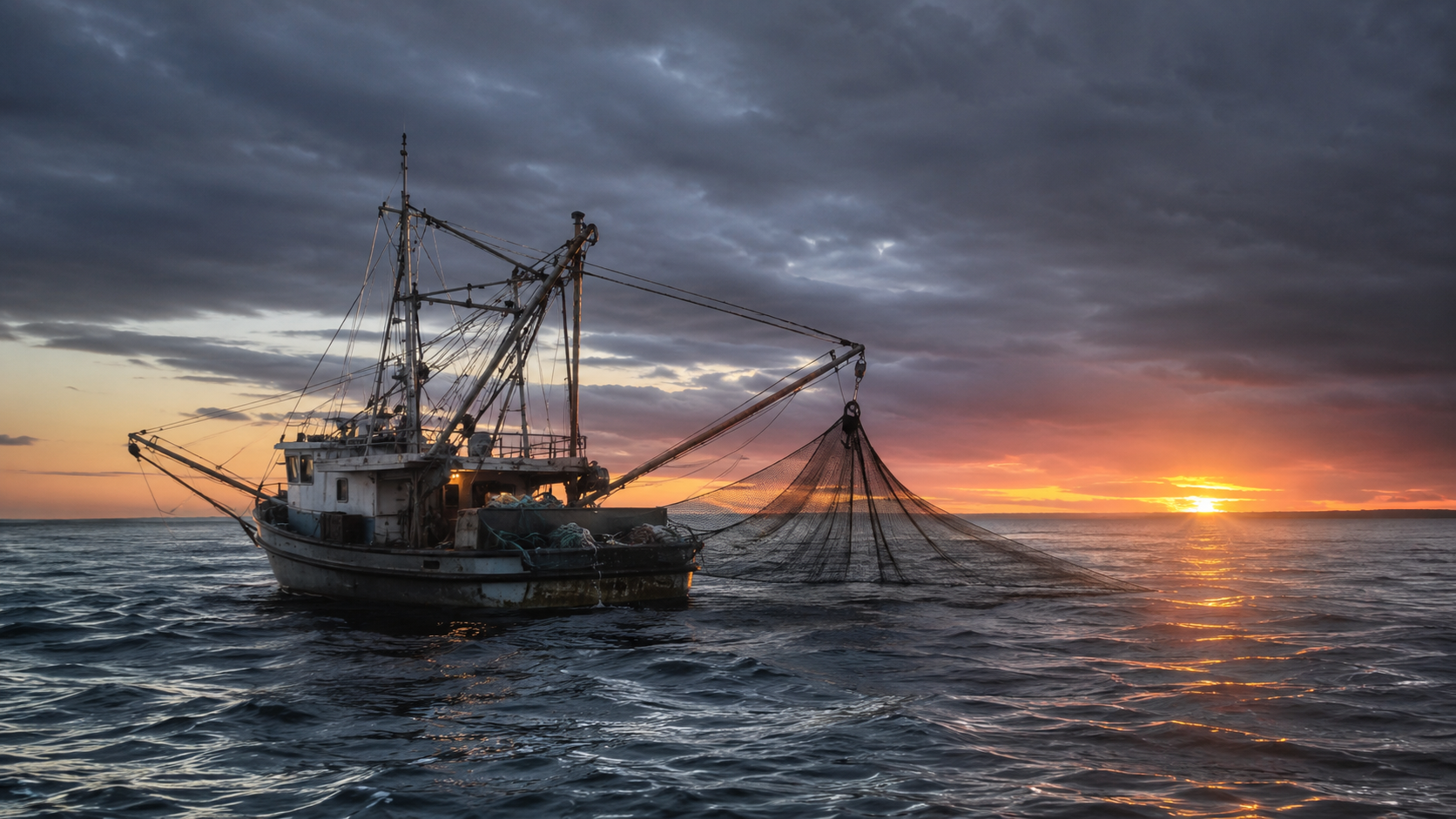 Fischerboot und Netze in der Abenddämmerung