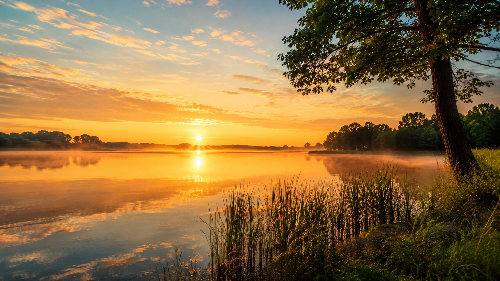 Sonnenaufgang über einem ruhigen See während einer sommerlichen Hitzeperiode