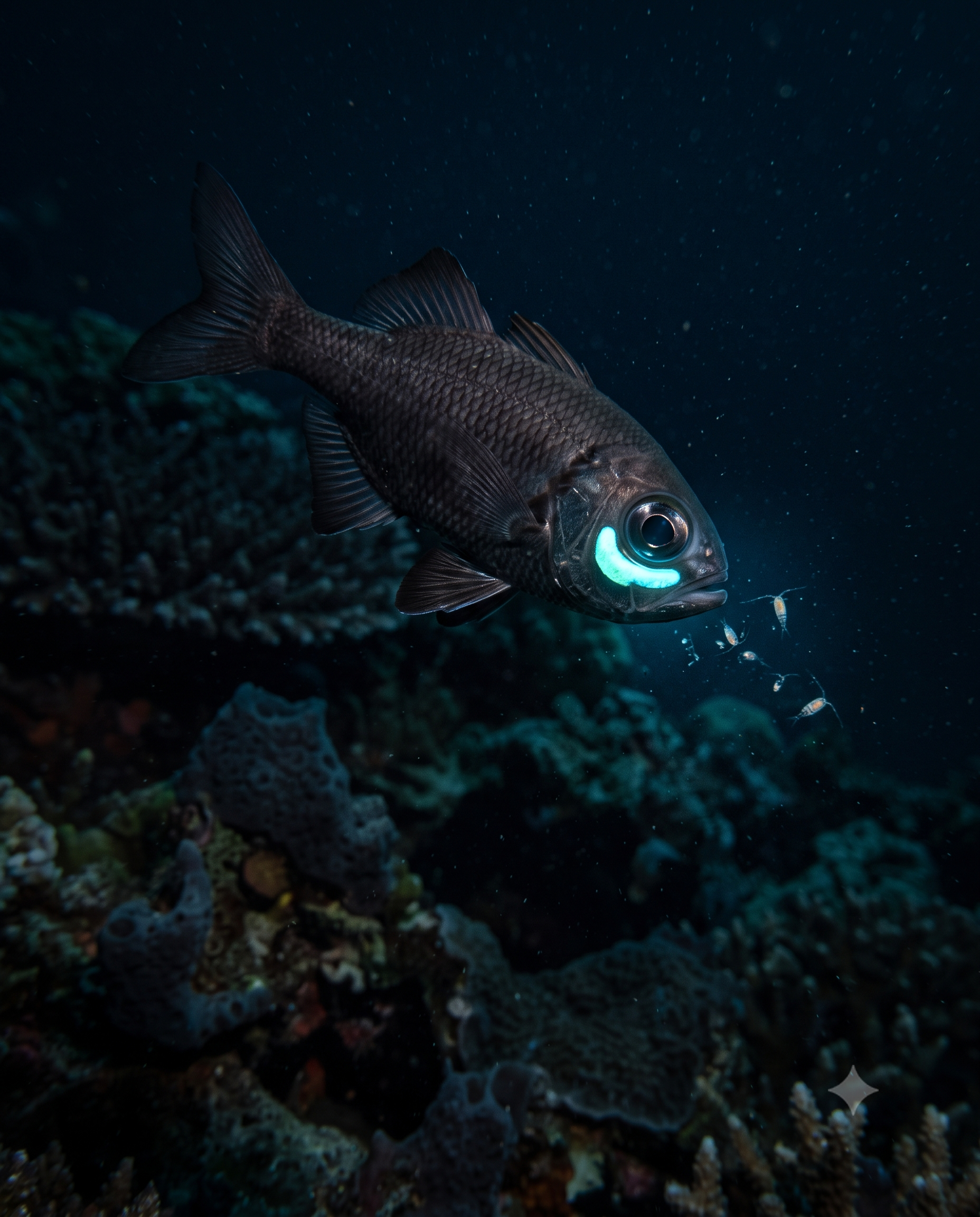 Hochformatige Nahaufnahme eines Leuchtfisches mit sichtbaren Photophoren
