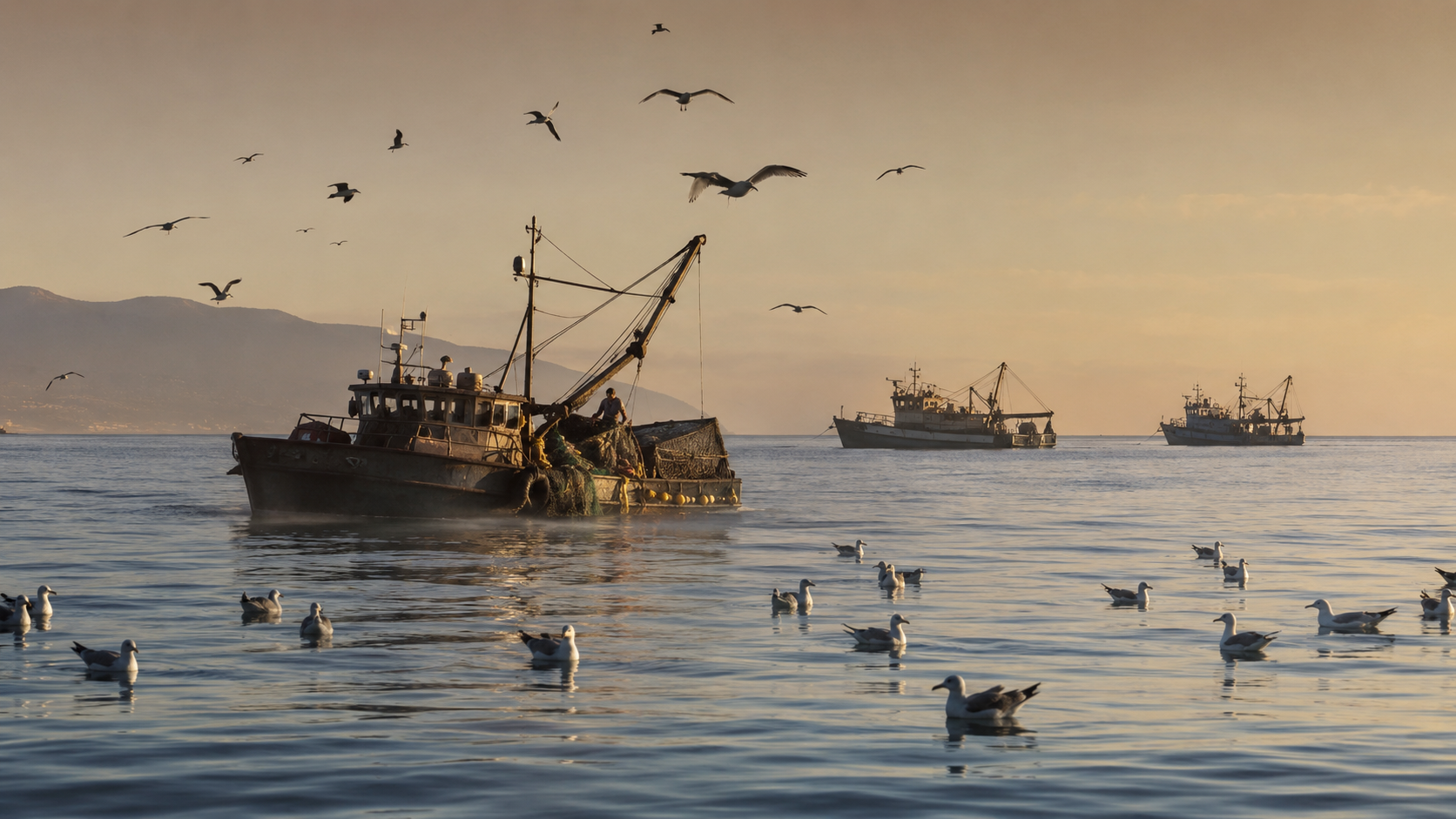 Fischerboote und Seevögel auf ruhigem Wasser