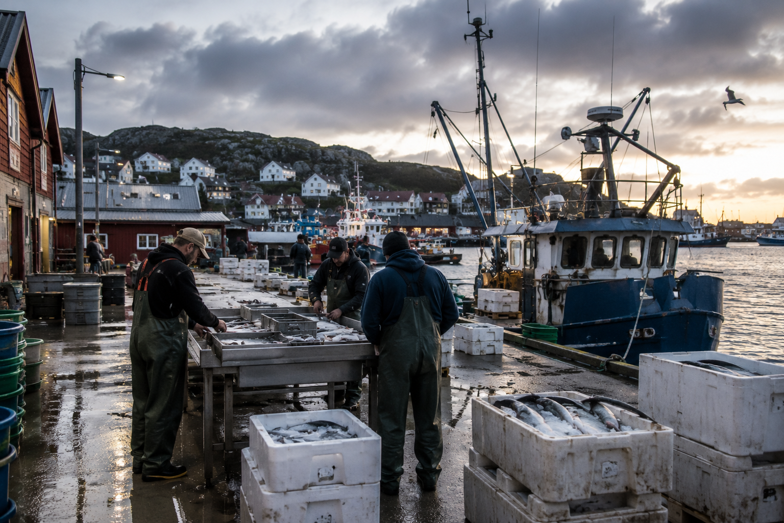 Fischverarbeitung an einem kleinen Hafen