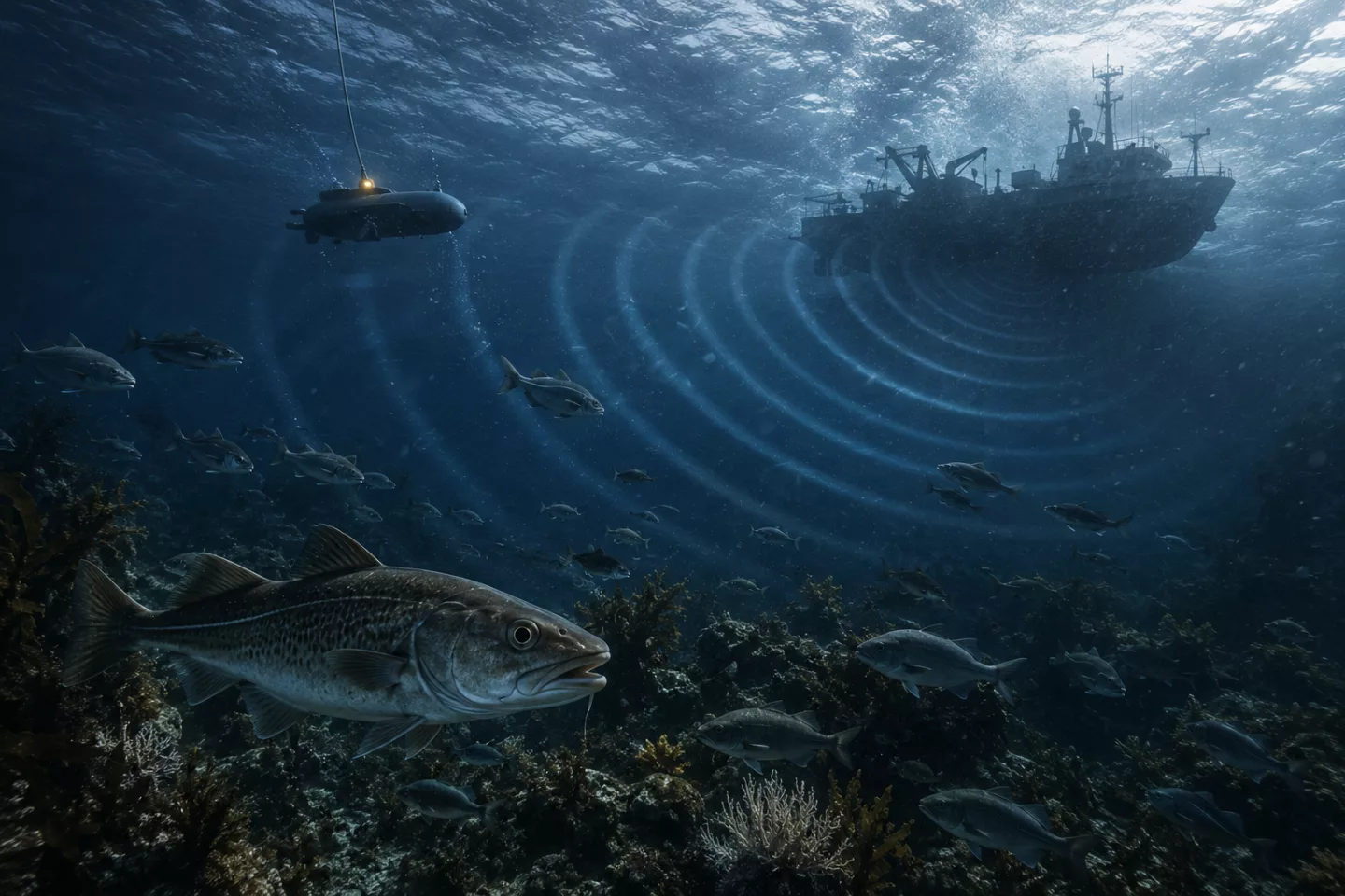 Darstellung natürlicher Fischlaute und menschlicher Schallquellen wie Schiffe, Rammarbeiten und Windparks unter der Meeresoberfläche