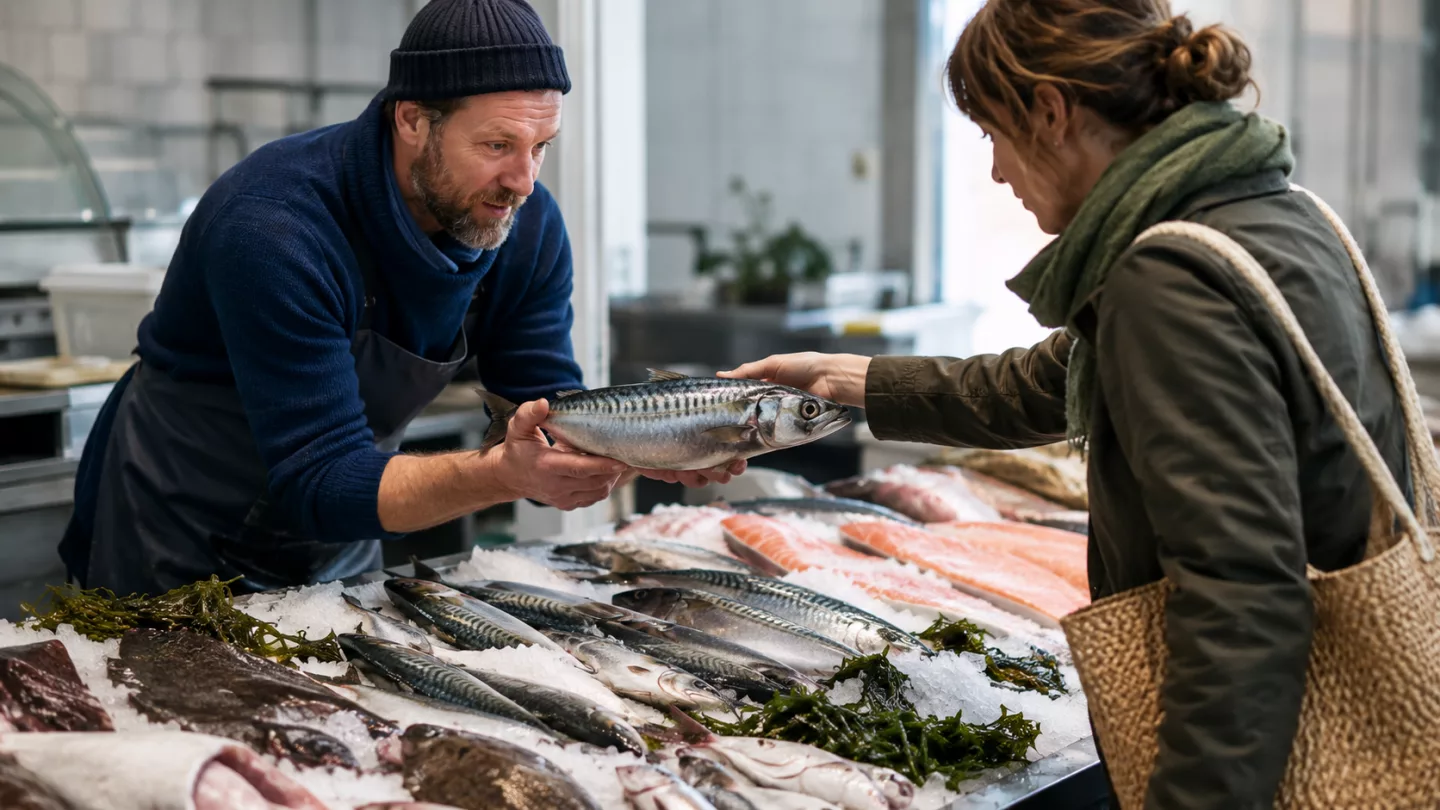 Fischverkäuferin zeigt frische Fische auf Eis an einem Wochenmarktstand