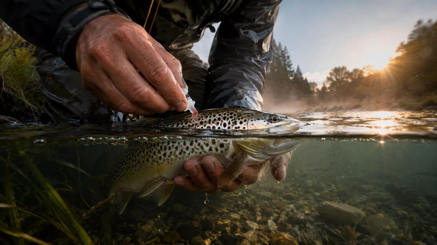 Angler hält einen Fisch auf einer feuchten Matte am Ufer und löst vorsichtig den Haken